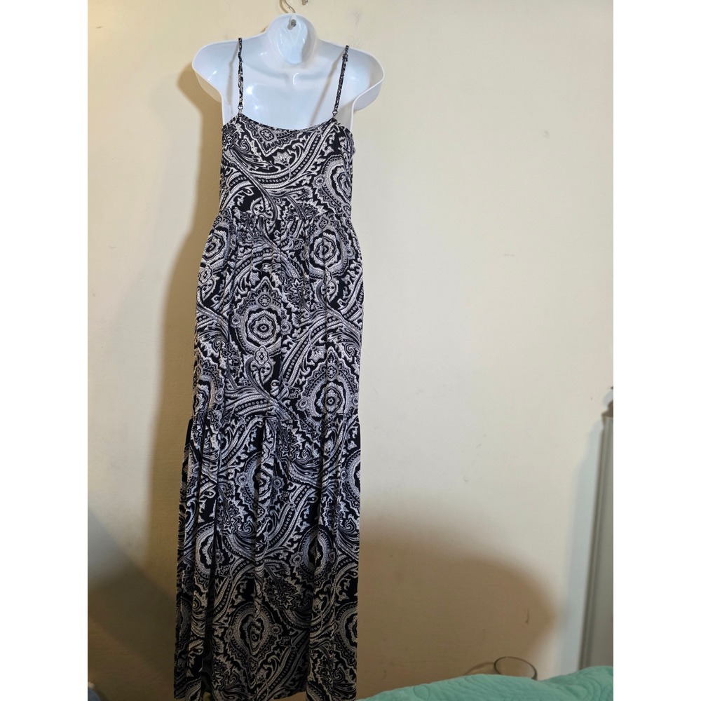 ANGL Black White Paisley Print Maxi Dress Spaghetti Strap Boho Tiered Small
